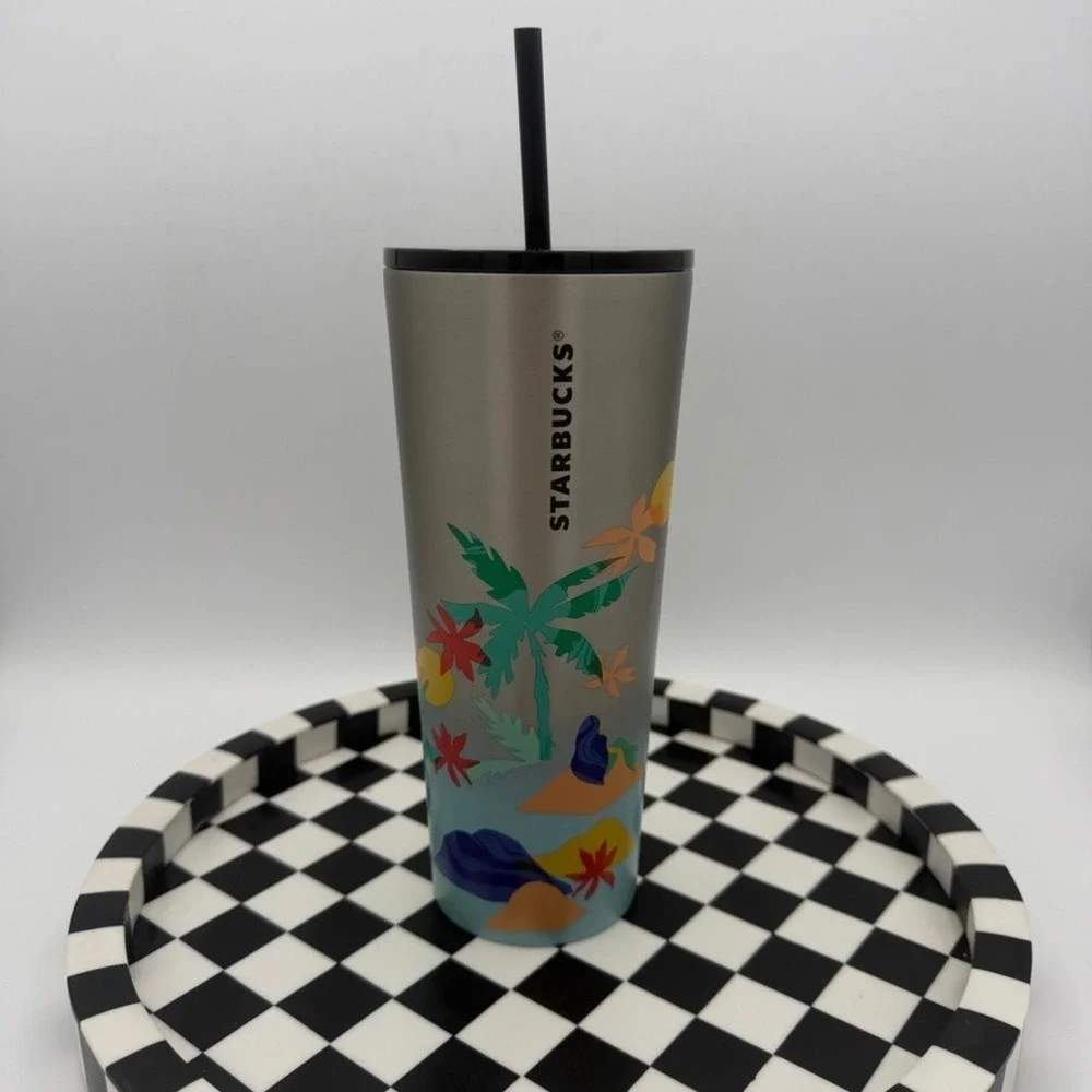 Starbucks Tumbler Unisex 24oz Silver Blue Excellent Tropical Island Palm Tree